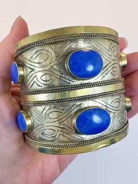 Vintage Middle Eastern Cuff Afghan Silver Gold Wash Mixed Metals Lapis Composite